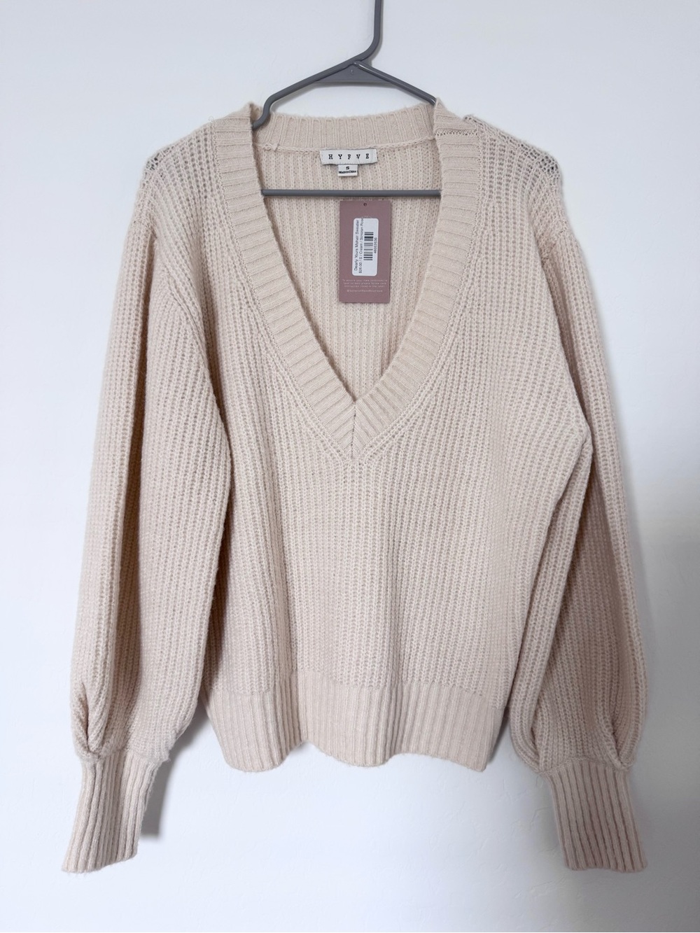 HYFVE Cream V-Neck Ribbed Balloon Sleeve Sweater